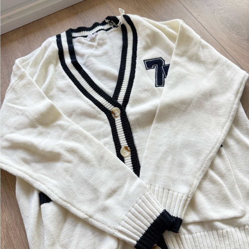 Garage White and Black V-Neck Cardigan